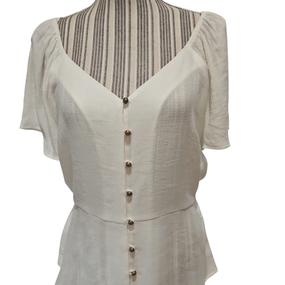 OLM Women Off/On Shoulder Button down Peplum Blouse Semi sheer Size L - Picture 2 of 13